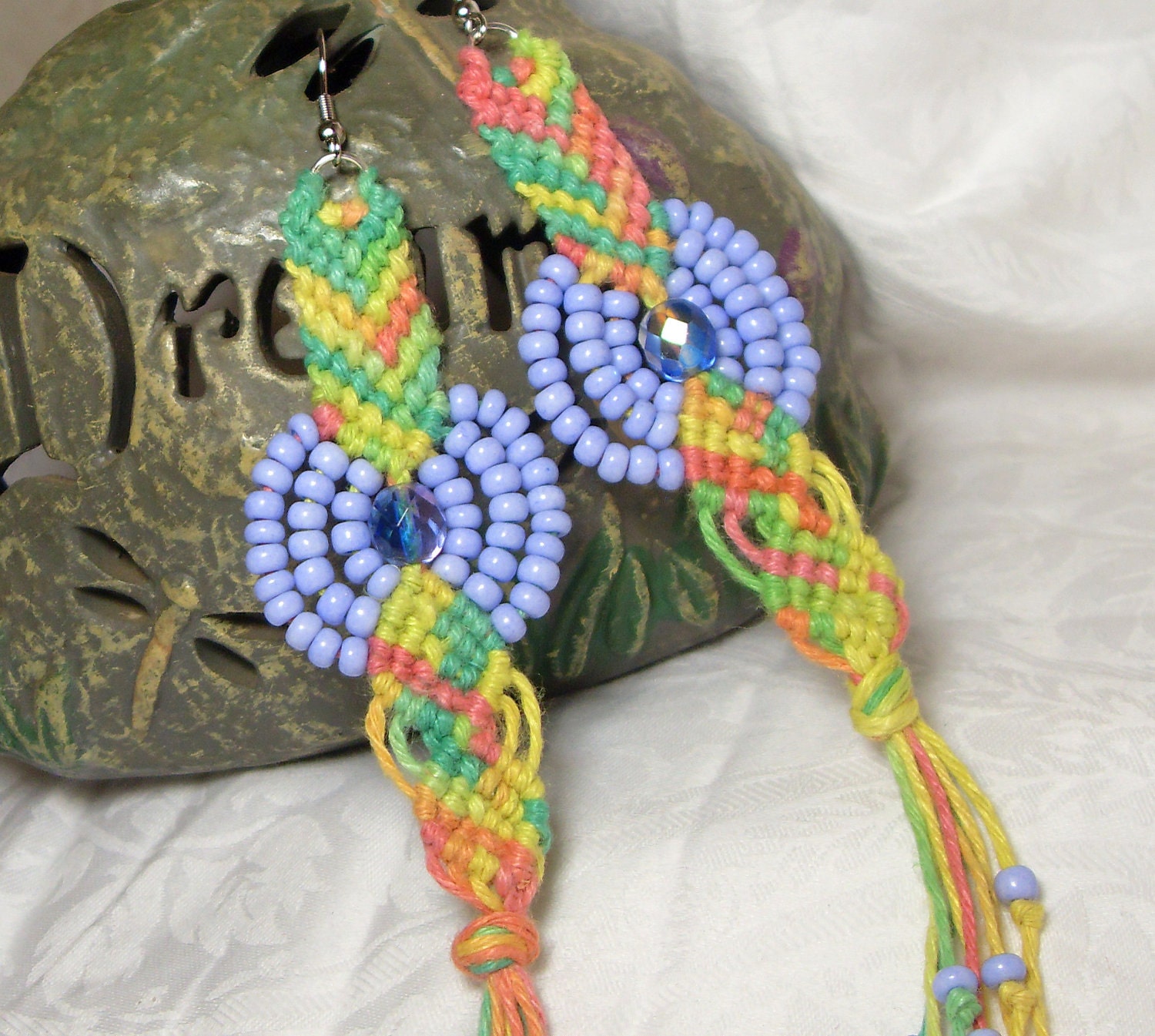 lite rainbow and lilac dangle hemp earrings