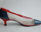 sz 6 Leather red & blue peekaboo heels