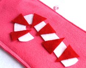 retro candy cane eco friendly felt stocking in pink, white and red