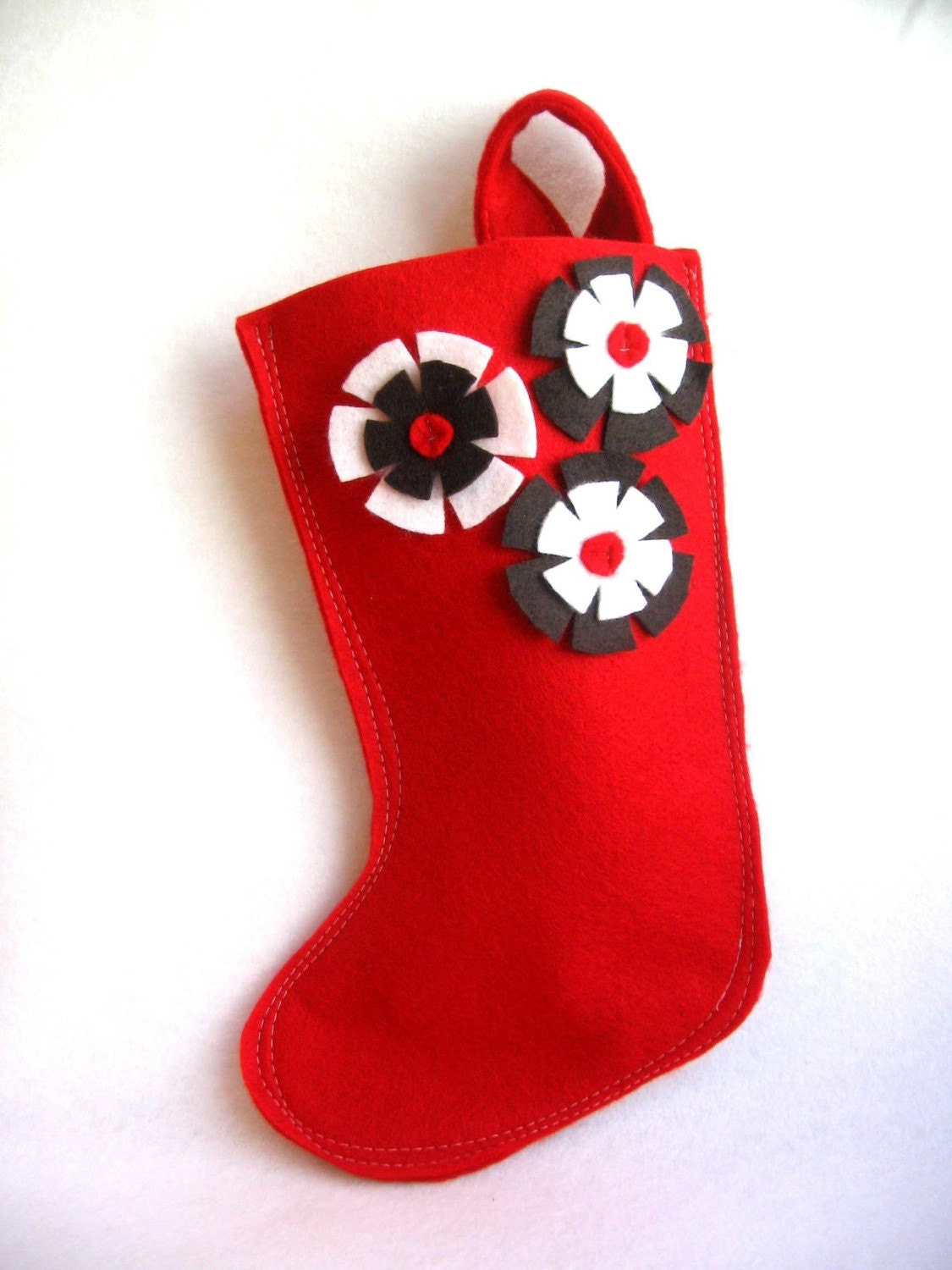 eco stocking... rikrak Christmas...red with brown and white flowers felt stocking