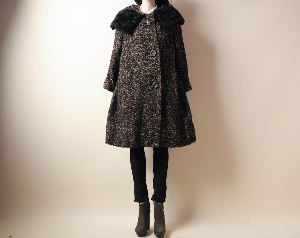 vintage 50s 60s brown boucle mutton fur swing coat