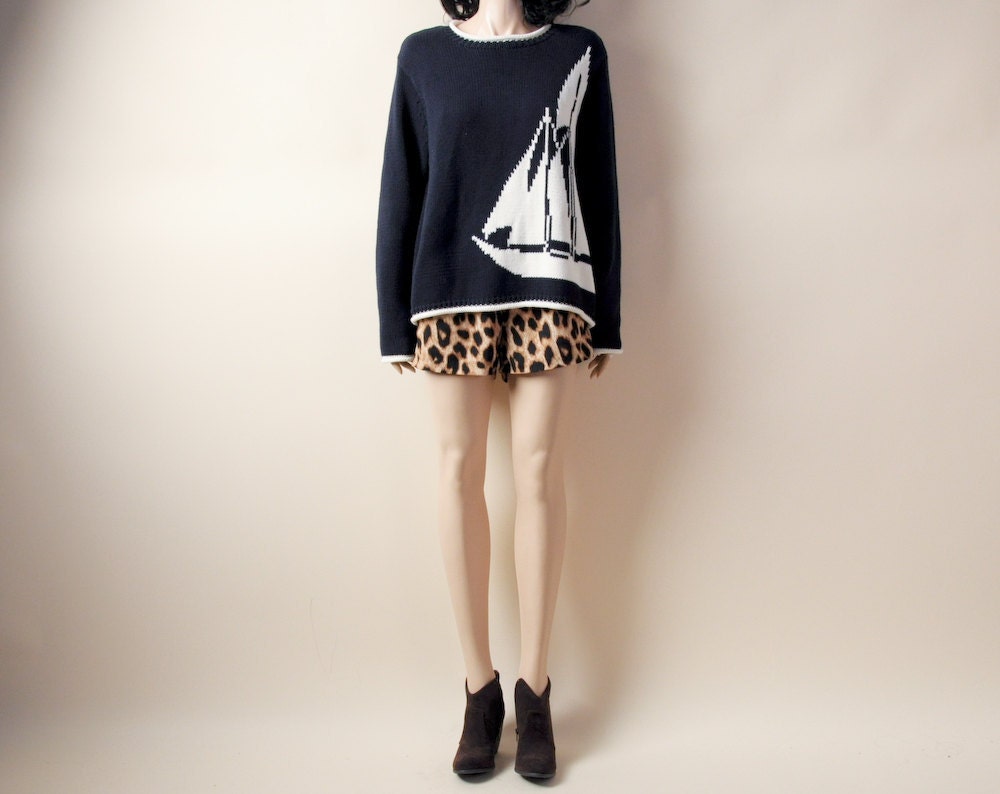 nautical sailboat sweater / oversized / cotton / crewneck / s / m