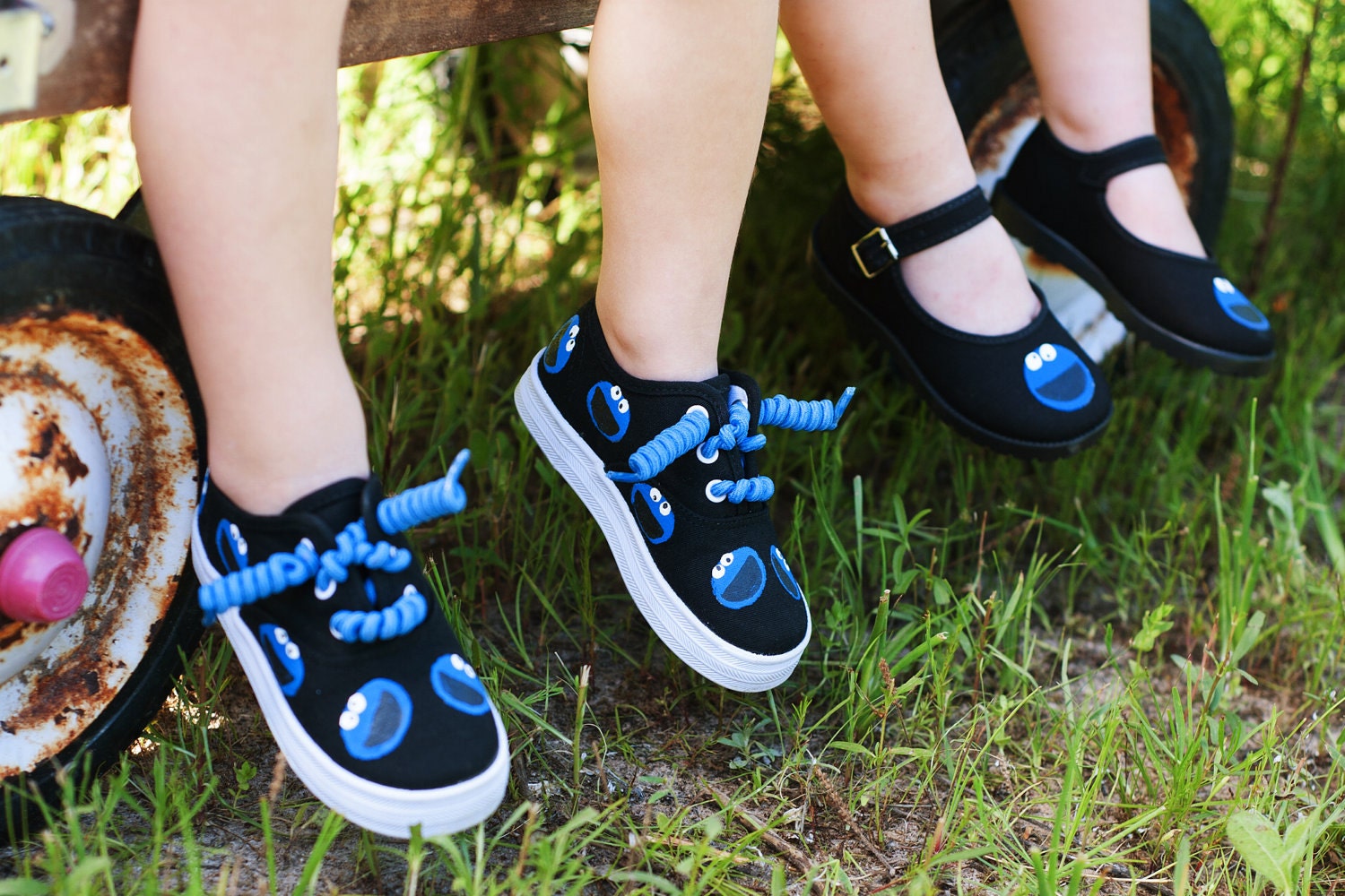 Boy - Girl set of cookie monster shoes - inspired by cookie monster maryjanes and sneakers