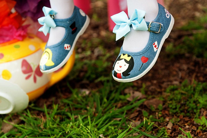 Alice in Wonderland inspired hand painted denim maryjane shoes for girls - baby or toddler