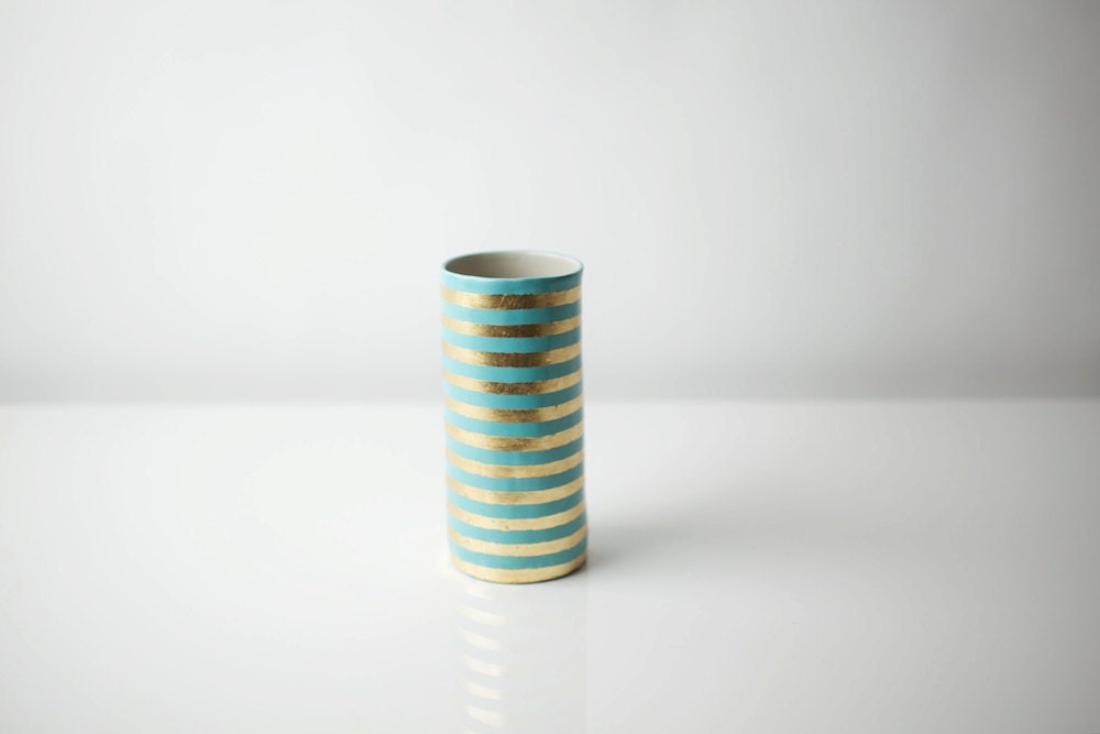 Aqua & Gold Stripe Vase RESERVED FOR EMMA