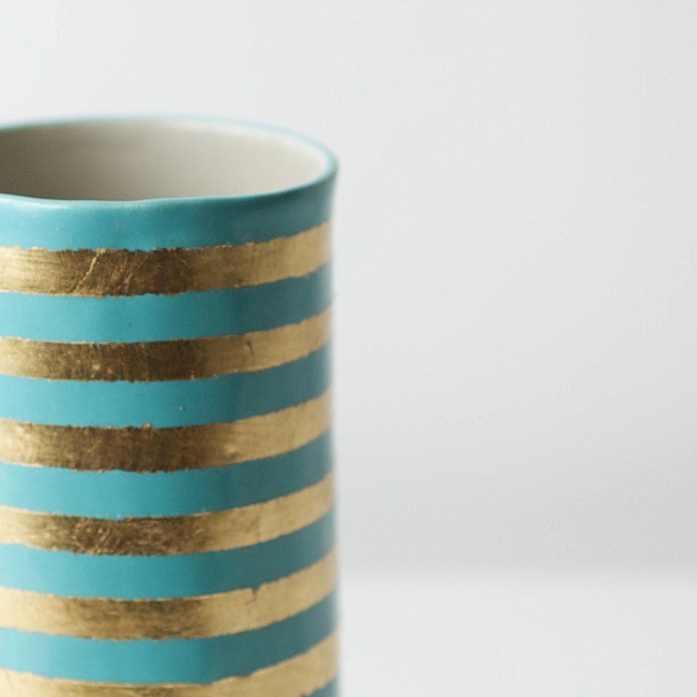 Aqua & Gold Stripe Vase RESERVED FOR EMMA