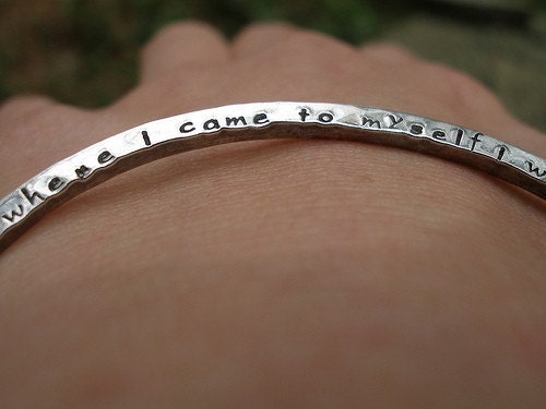 2 Sided Hand Stamped Custom Inscribed Message Hammered Sterling Silver Bangle Bracelet in Lowercase Font