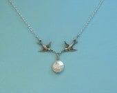 Sterling silver  Flying across the milky sky Two loops baby birds necklace