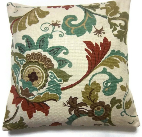 Two Teal Olive Rust Brown Natural Pillow by LynnesThisandThat