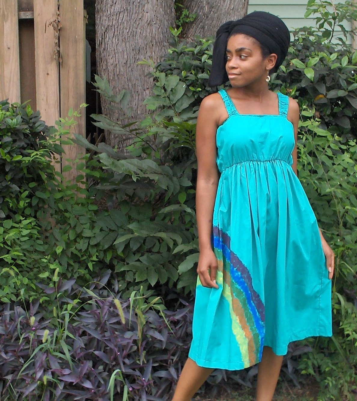 C L E A R A N C E flyTie turquoise halter dress wearable art--rainbow