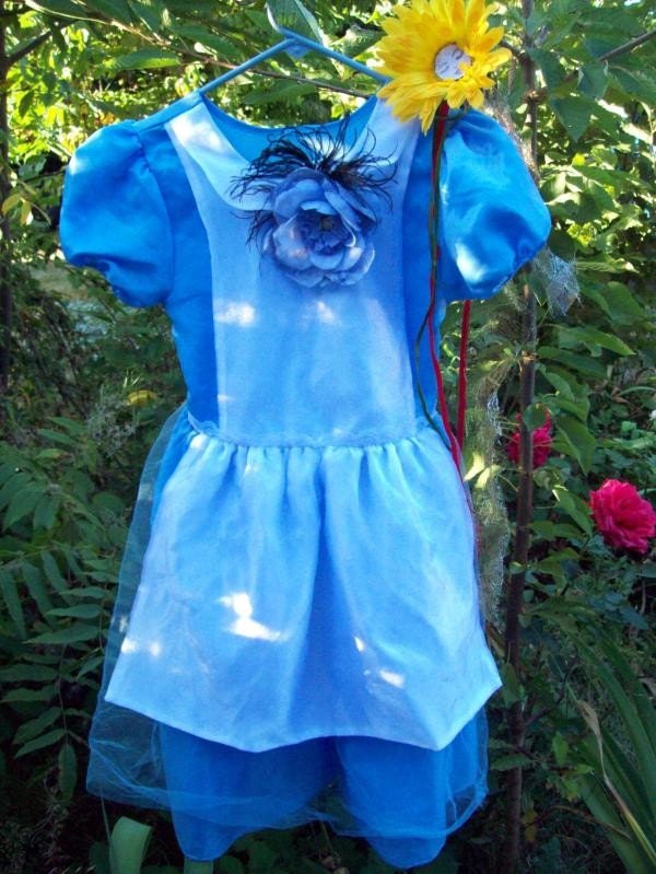 Alice in Wonderland Blue Dress and Flower Wand--Girls Size 10-12-Faeryspell Creations