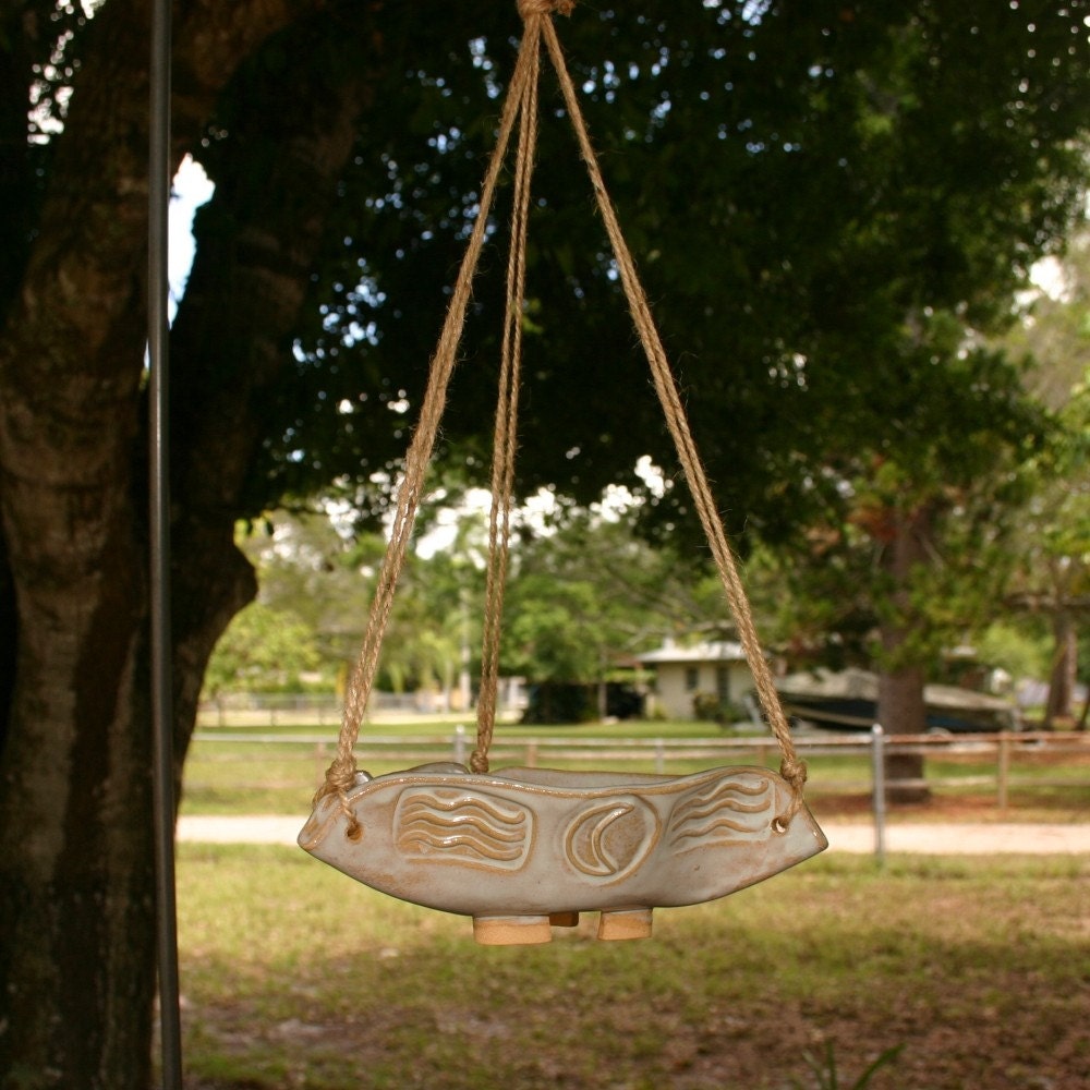 Handmade Light Blue Moon and Waves Stoneware Bird Feeder, 40% Off Sale