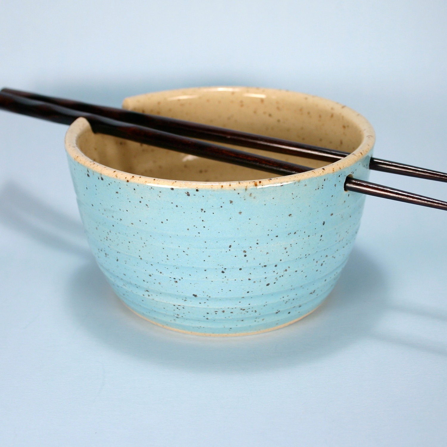 Handmade Robins Egg Blue Stoneware Chopsticks Bowl, 12 Ounces, Small