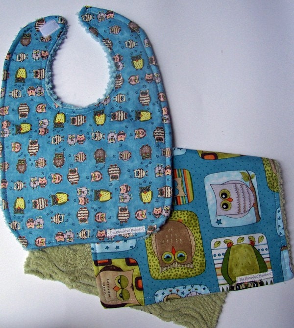 Owl Bib and Burp Cloth set with blue chenille