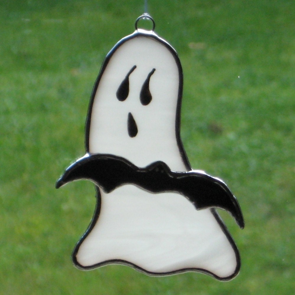 Happy Halloween Ghost and Bat Stained Glass Ornament - ByCoco