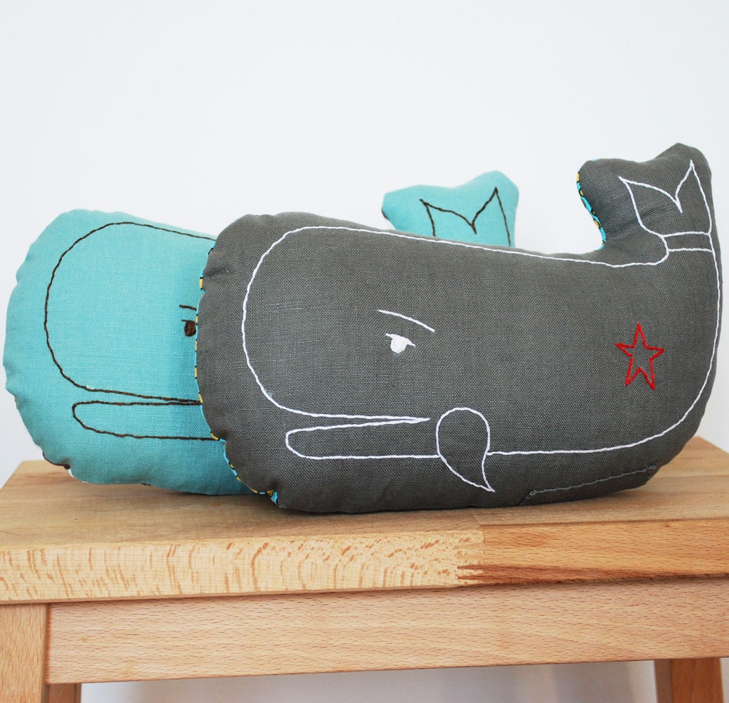 embroidered whale pillow in grey