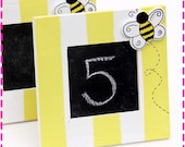 BUMBLEBEE Chalkboards - Set of (5) Hand-Painted Free-Standing Place Cards Blackboards / Picture Frames - In Yellow, Black and White