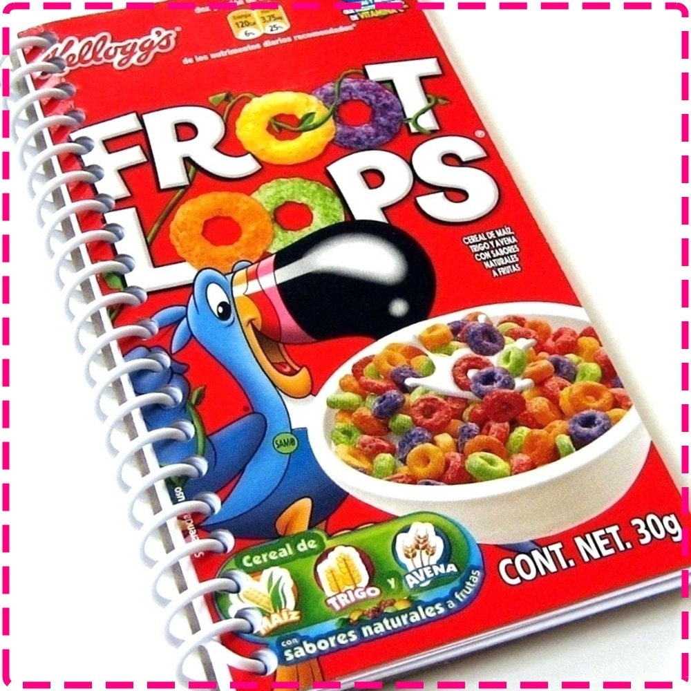 RED FRUITY CEREAL Original Recycled Notebook / Upcycled Mini Journal - Yellow Lemon, Green Lime, Purple Grape, Red Cherry & Orange