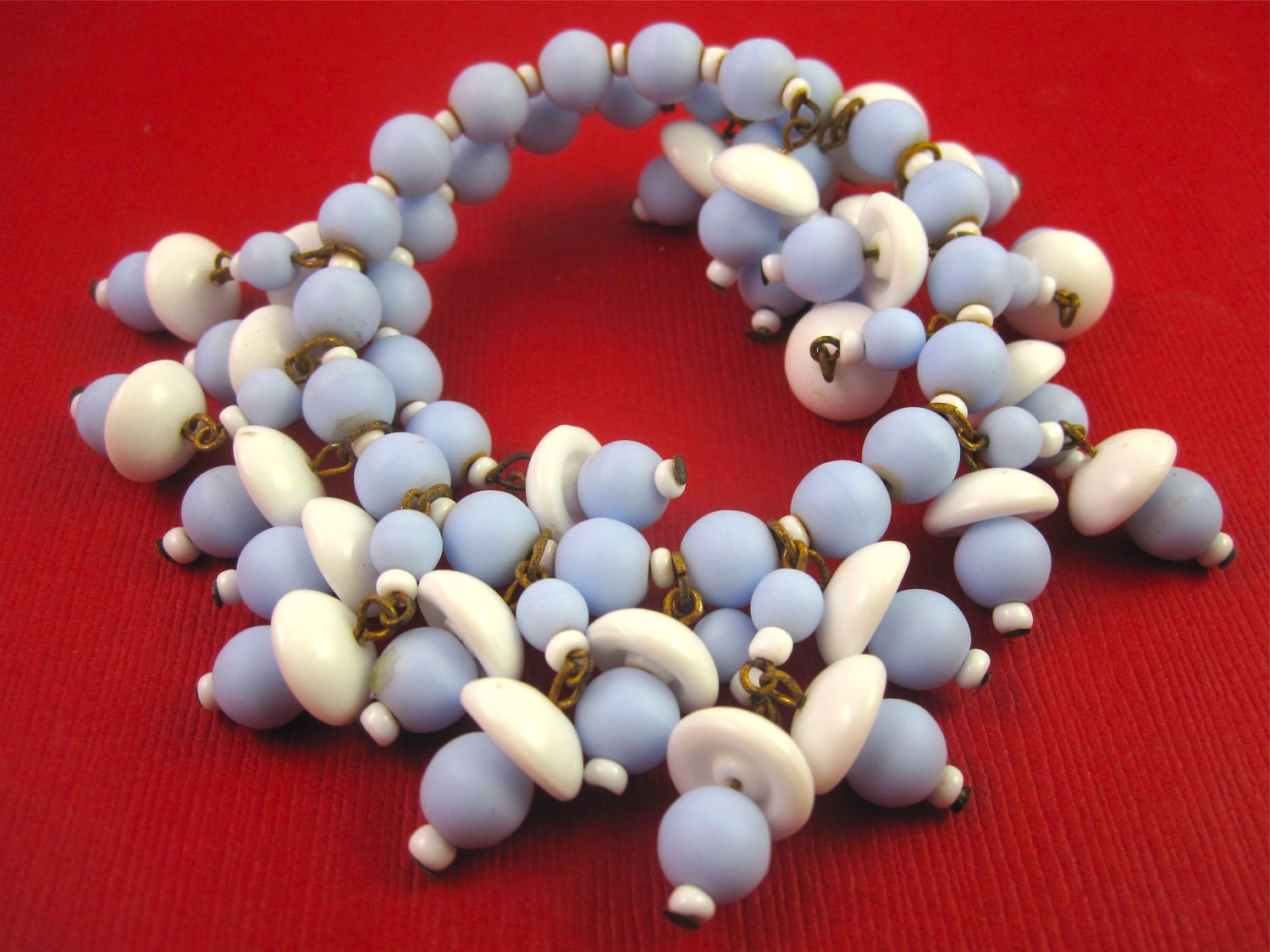 Vintage 40s Blue and Milk Glass Beaded Wrap Bracelet BEAUTIFUL