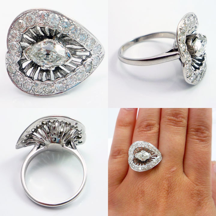 14K Vintage 1930s Art Deco Retro Heart Shaped 1.79ctw Diamond Cocktail Ring