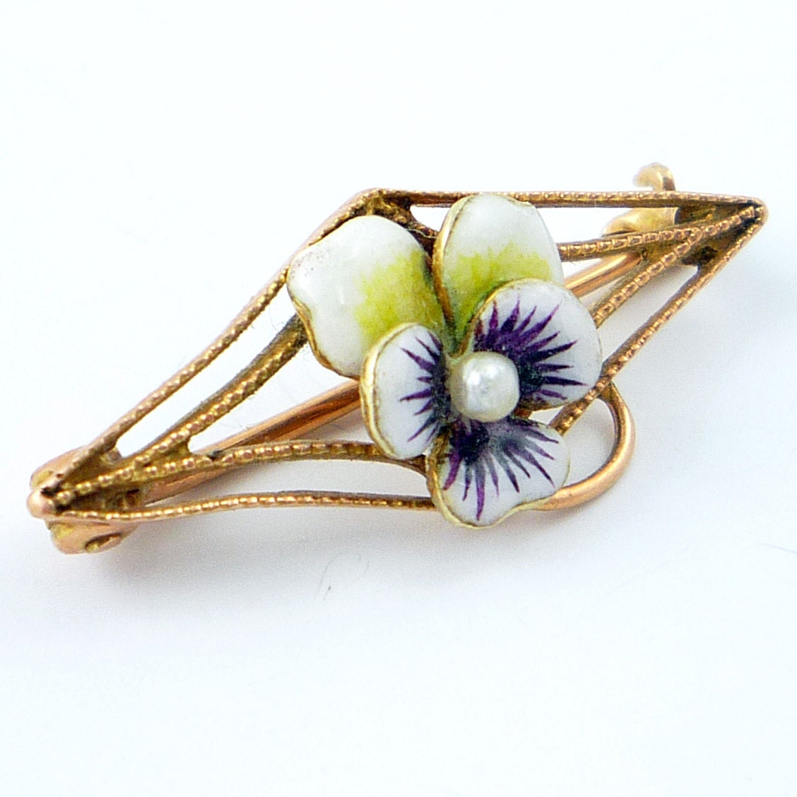 10K Antique Art Nouveau Enamel Pansy Seed Pearl Brooch Pin