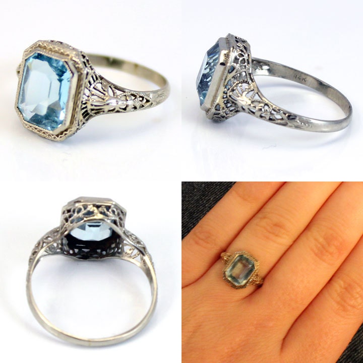 14K Antique Art Deco 1920s CT Aquamarine Filigree Ring
