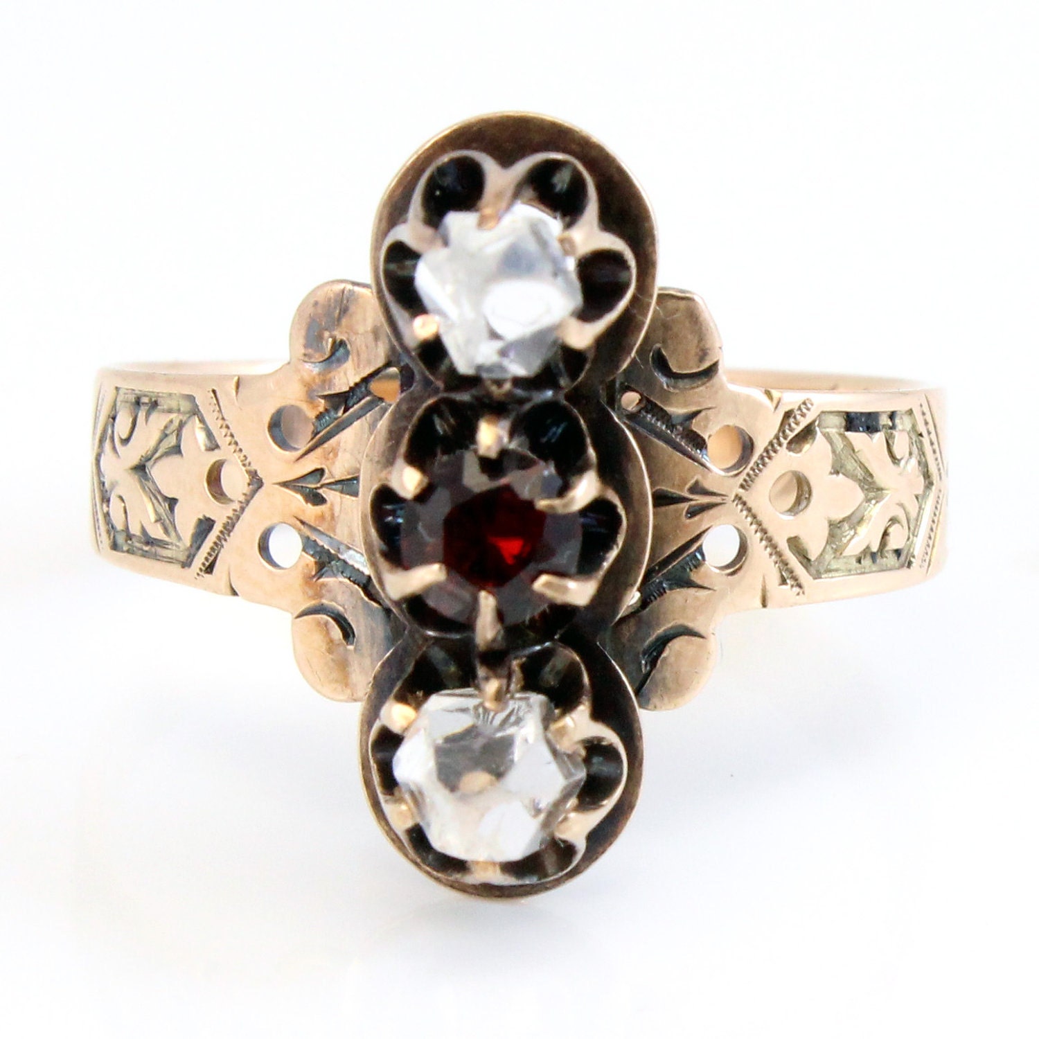 14K Rose Gold Antique Victorian Garnet and Herkimers Diamond Ring