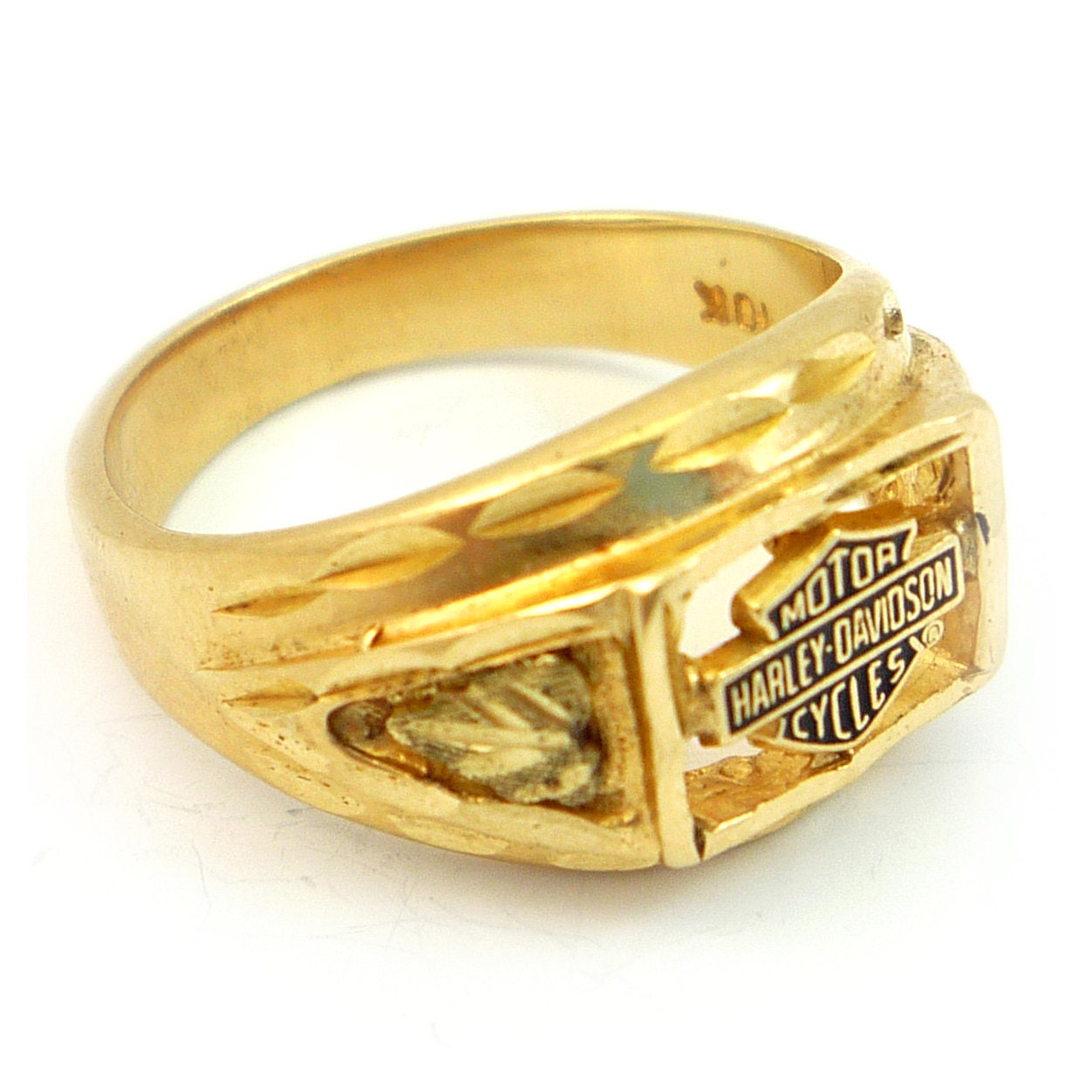 10K Vintage UNISEX Harley Davidson Black Enamel Three Tone Gold Ring