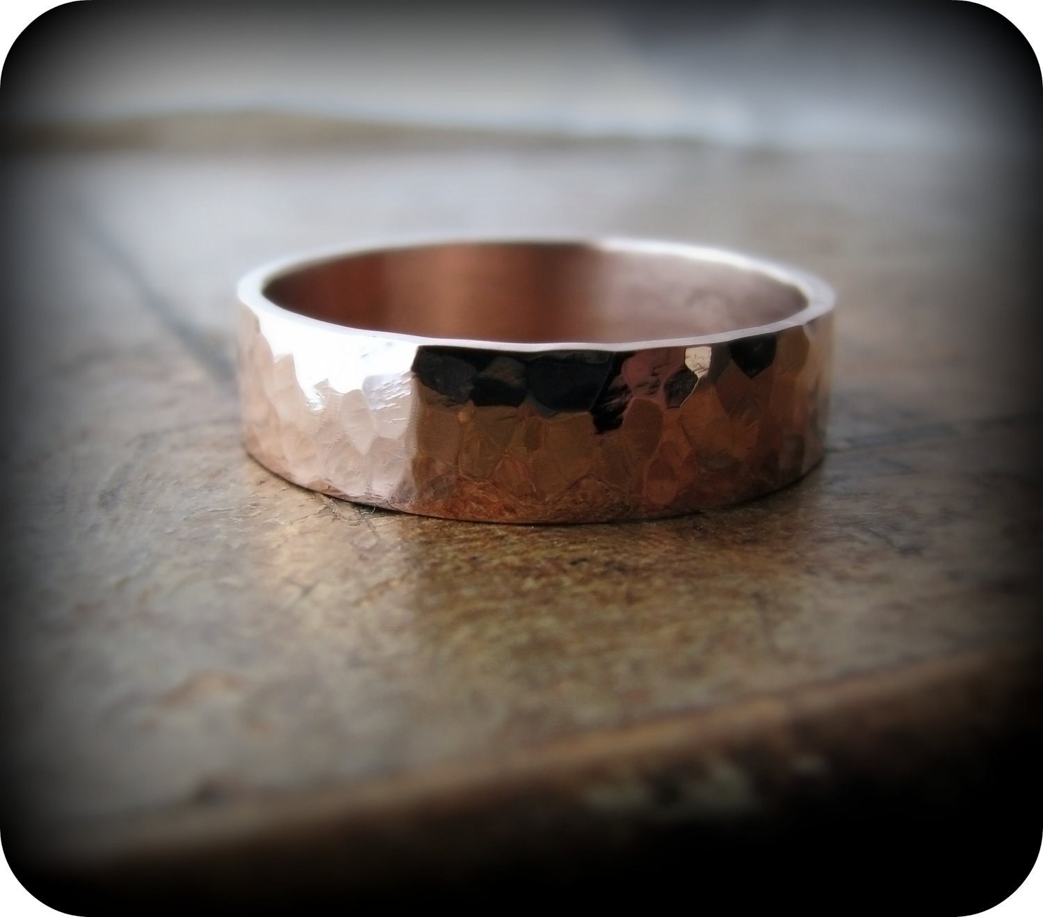 Recycled 14K rose gold ring - 5mm hammered wedding band