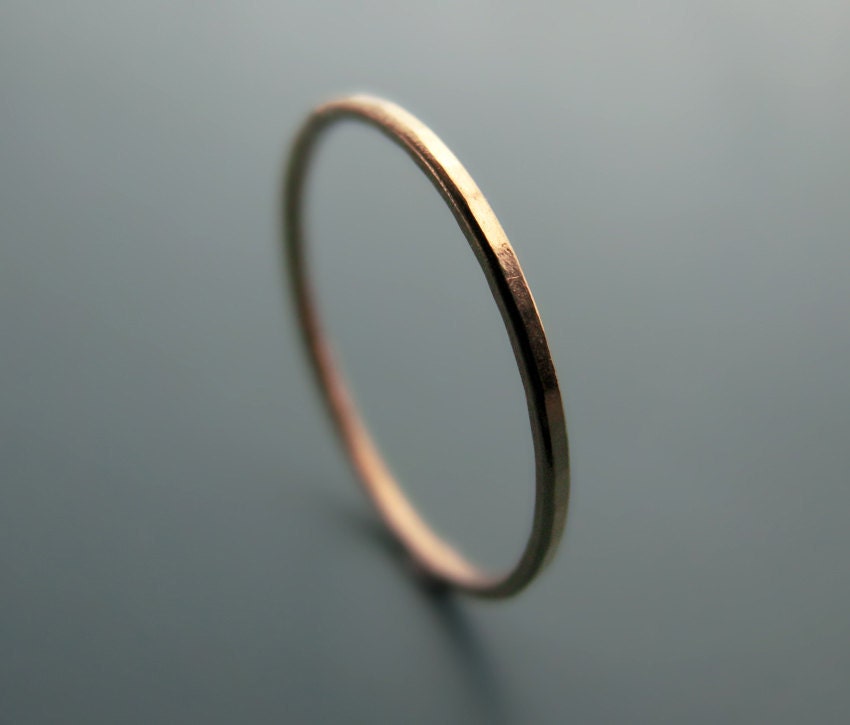 Recycled 14k rose gold ring - hammered stacking skinny ring (sizes 1 to 6.75)