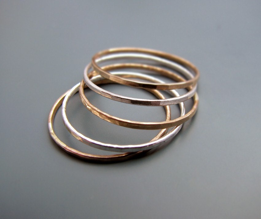 Silver and gold filled hammered stacking rings - set of 5