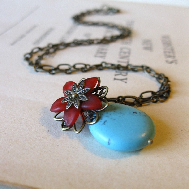 The Gypsy Necklace Turquoise and brass red flower