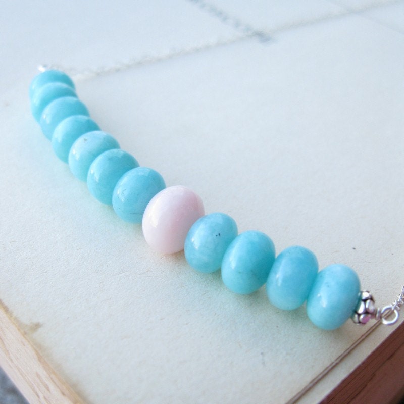 Bubble Gum Pink opal and peruvian blue amazonite necklace October birthday