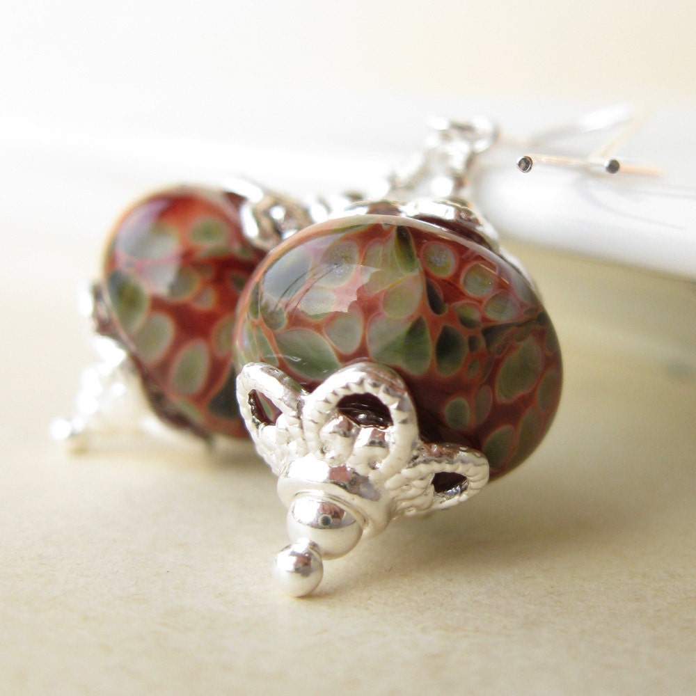 Rose Garden Earrings Boro lampwork sterling silver.