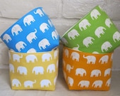 Desk Storage and Organization - Mini Fabric Organizer Bins - Set of 4 - Cream Elephants on Yellow - Green - Orange - Blue