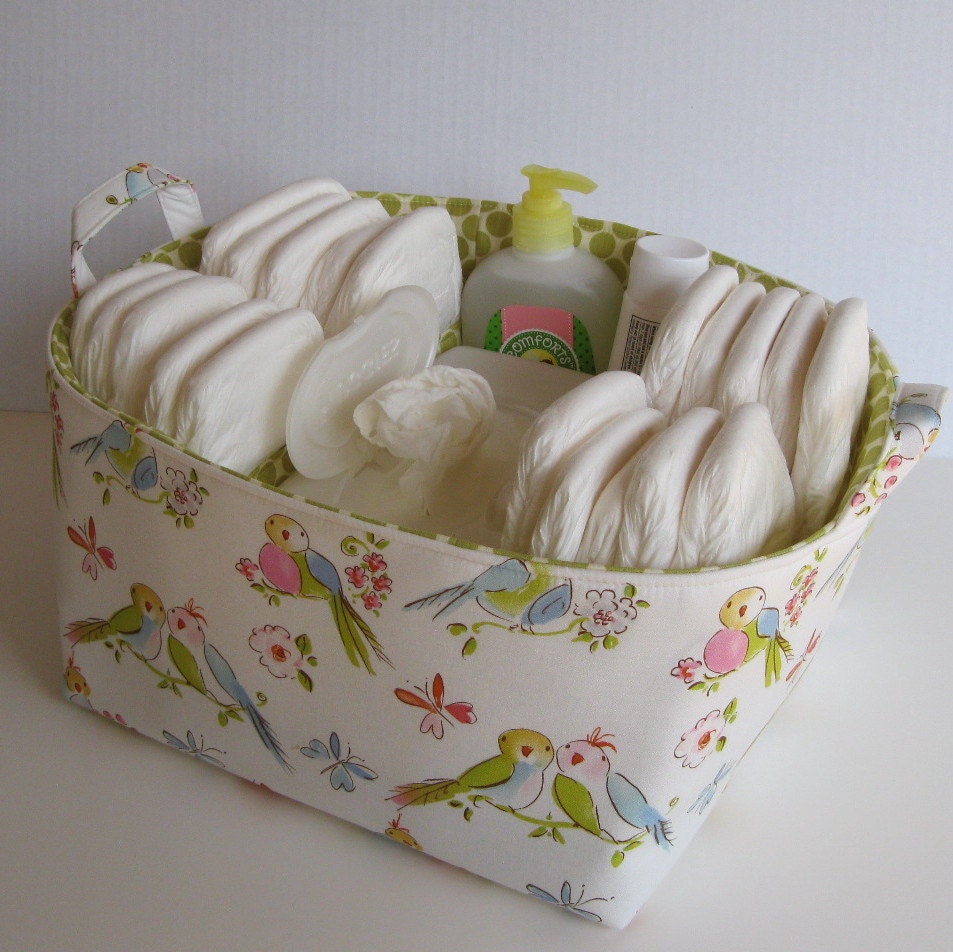 Diaper Caddy - Fabric Organizer Storage Container Bin Basket - with Dividers - Lovebirds- Leanika