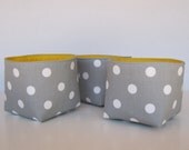 Mini Fabric Storage Container Organizer Bins - Set of 3 - Gray with White Polka Dots - Yellow Lining