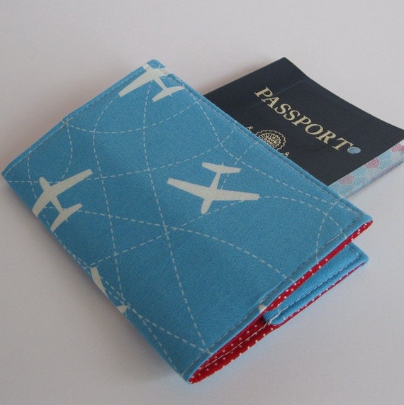 Passport Case Cover Fabric - White Airplanes on Blue