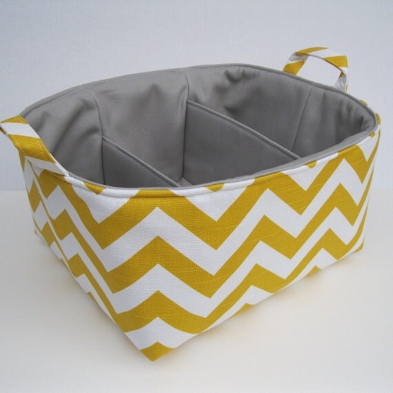 Diaper Caddy - Storage Container Organizer Bin Basket  - Corn Yellow and White Slub Chevron - Gray Lining