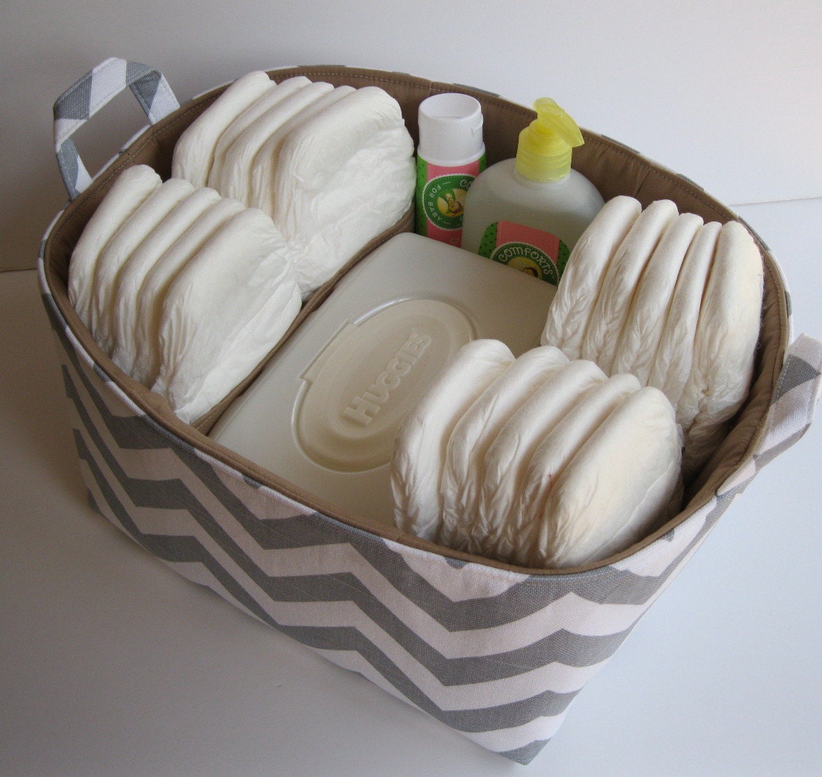 Diaper Caddy - Storage Container Organizer Bin Basket  - Corn Yellow and White Slub Chevron - Gray Lining