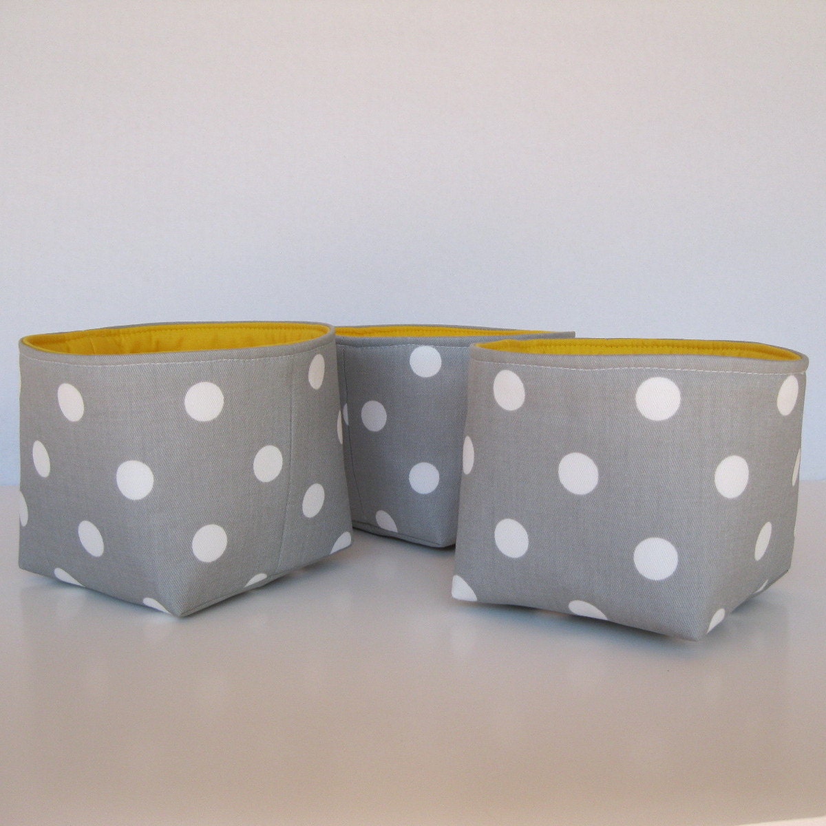 Mini Fabric Storage Container Organizer Bins - Set of 3 - Gray with White Polka Dots - Yellow Lining