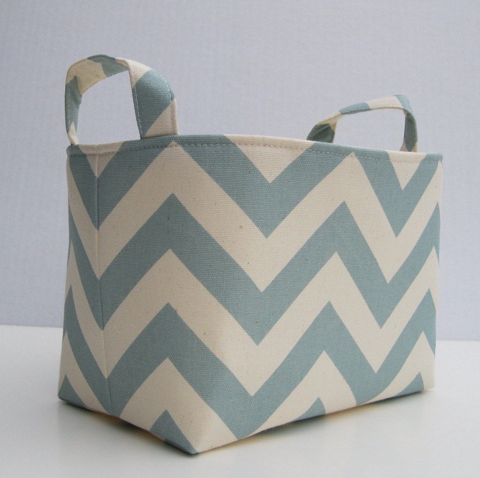 Fabric Organizer Storage Bin Container Basket - Village Blue/ Natural Chevron