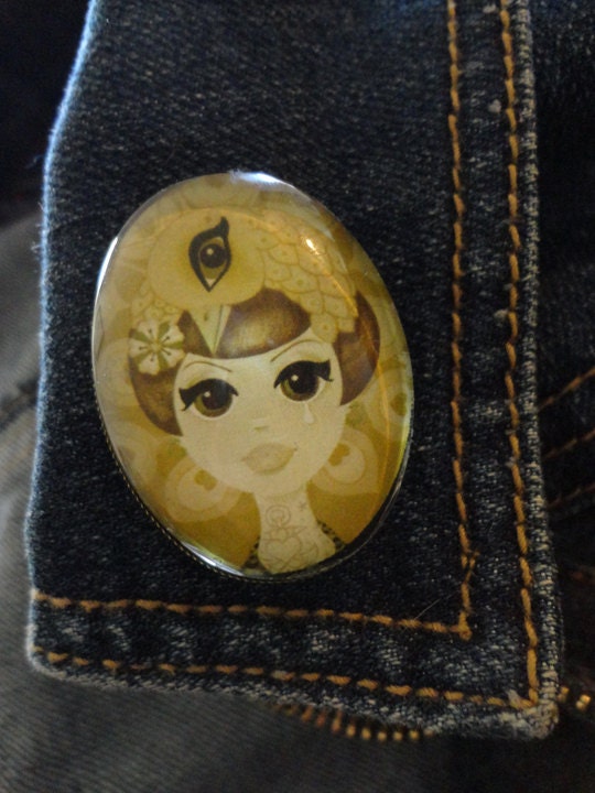 Salty Dame PEACOCK GIRL art Brooch. Antiqued Bronze and Glass pin. FREE shipping.