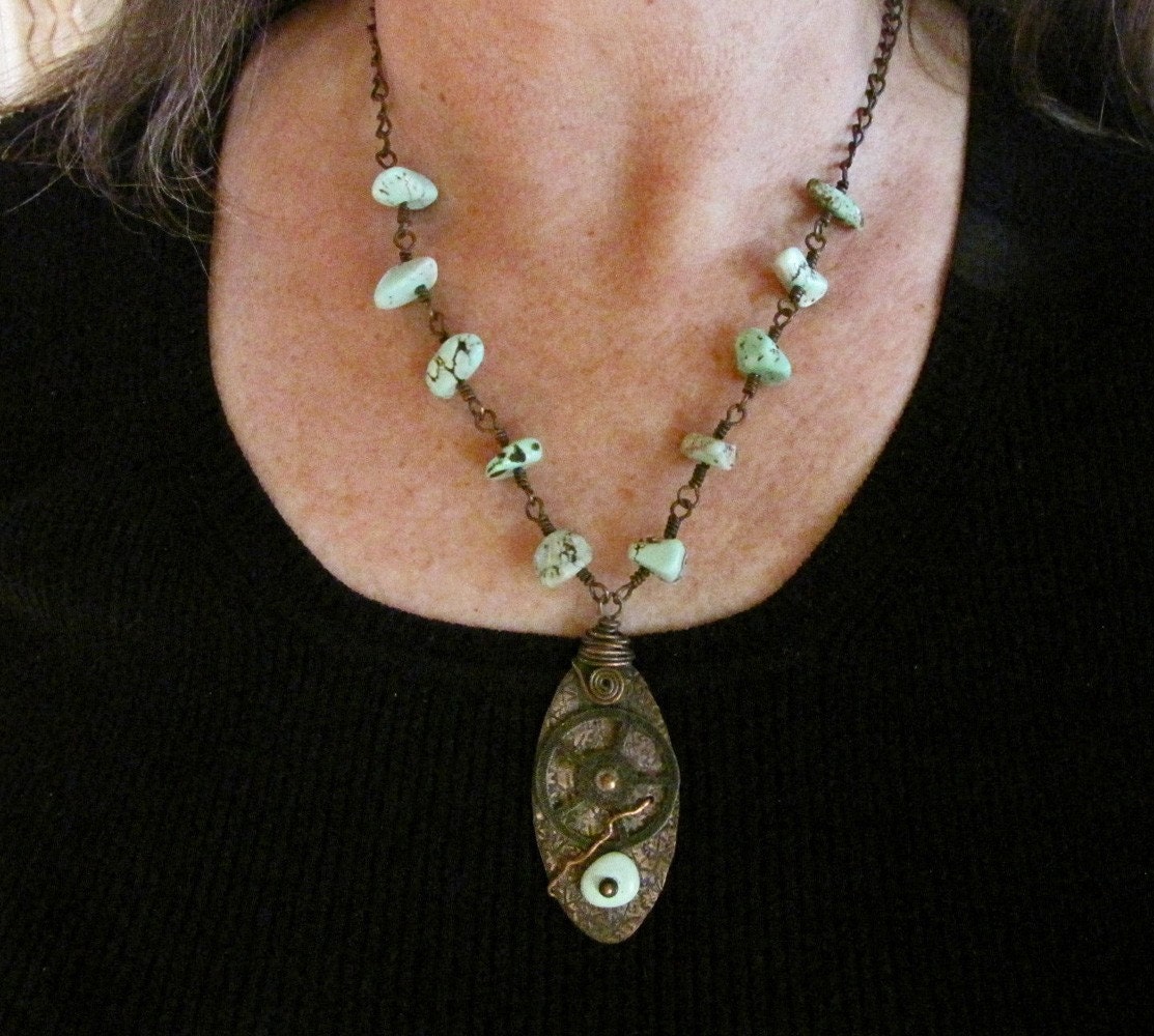 Steampunk Necklace Wire Wrapped Recycled Upcycled Eco friendly Metal Smith Repurposed Turquoise
