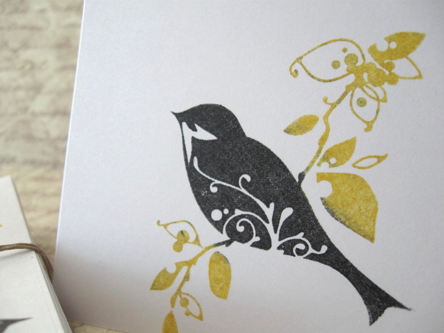 BIRD on Branch Mini Note Card Set of 5 Black & Yellow