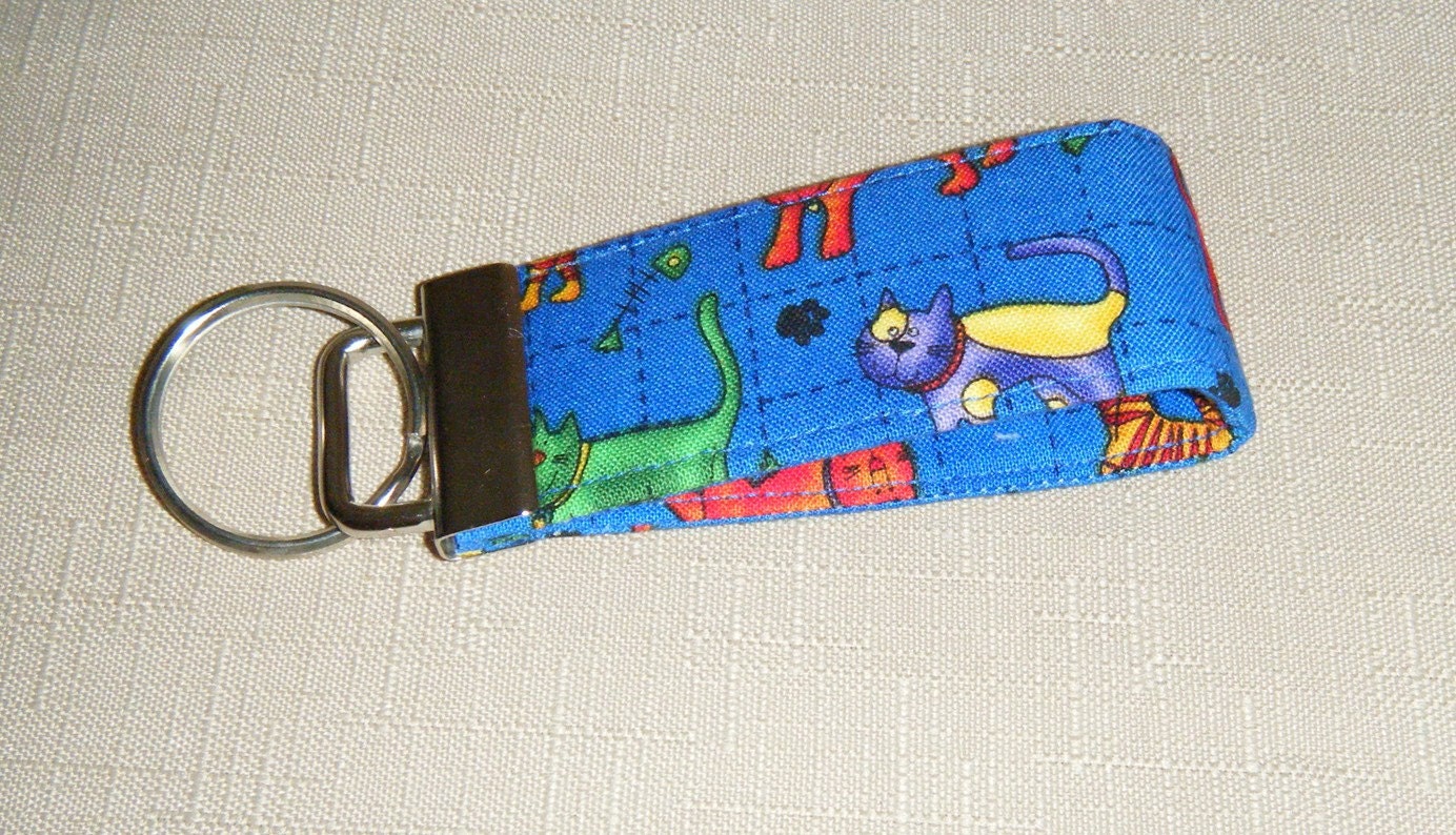 Mini Key Fob  - Colorful cats on blue