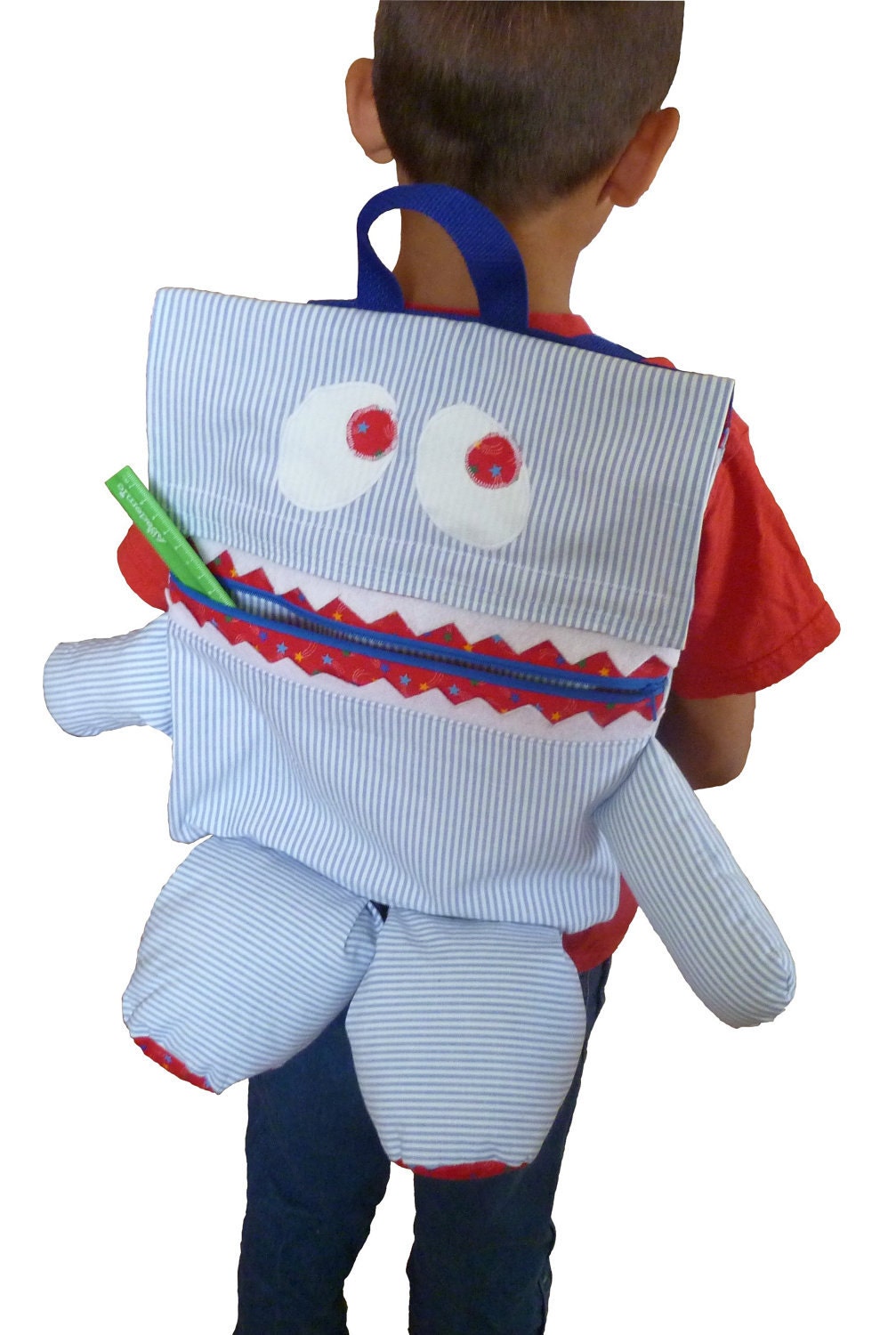 BackPack Monster Bag Knapsack BookBag Blue Stripes and Red Stars Print