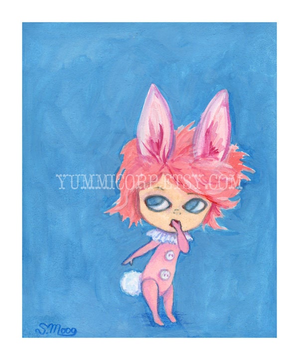 Bunny Baby Art Print from original watercolor and gouache painting by Sarah Moog aqua and pink