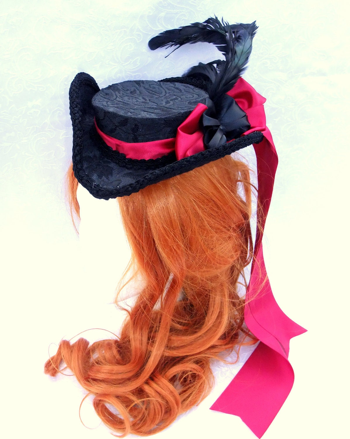 Black and Red Mini Tricorn, Neo Victorian Tricorn, Black Brocade Mini Tricorn, Black and Red Pirate Hat, Black Tricorn