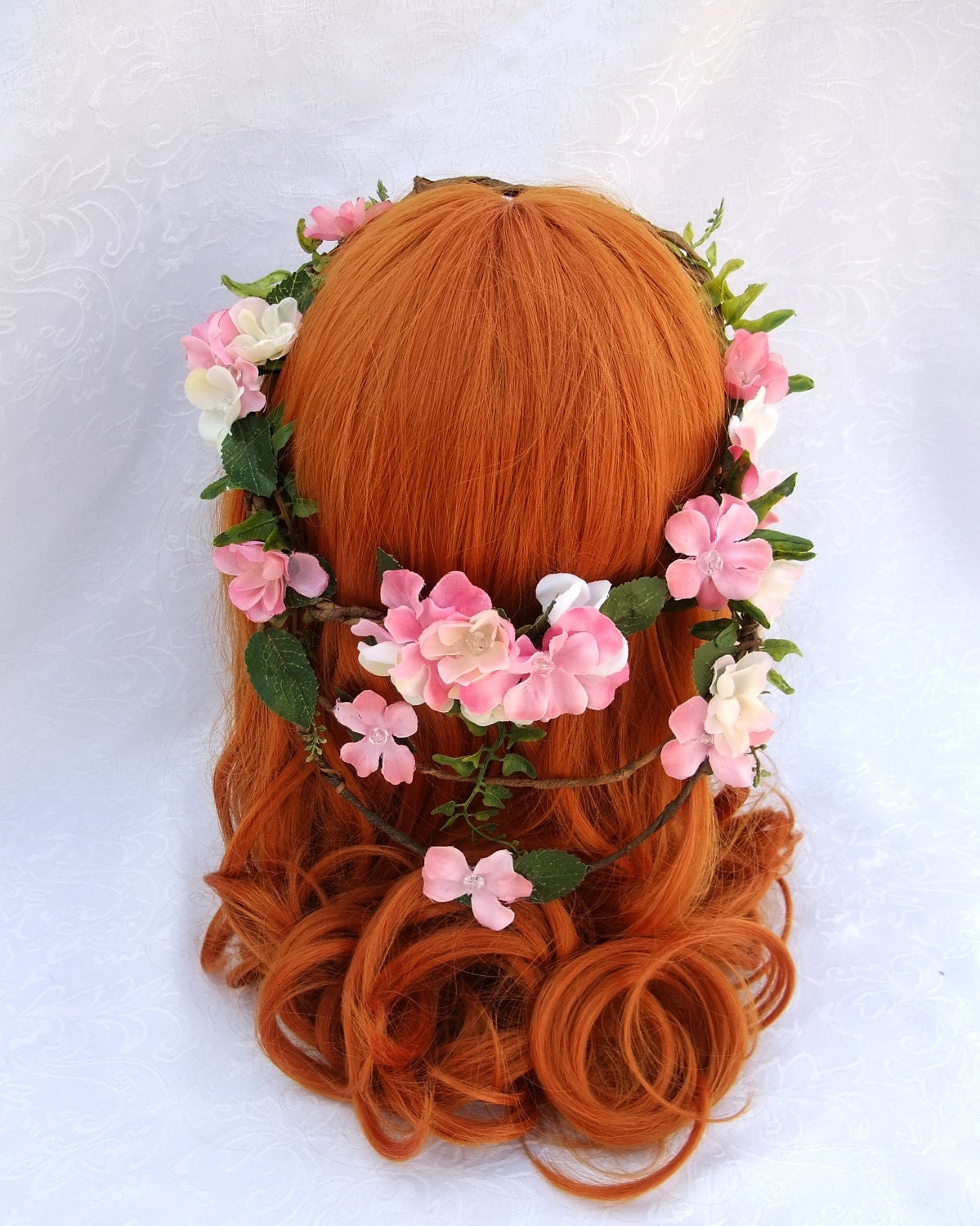 Bridal Hair, Dark Pink Hydrangea Blossom and Fern Circlet, Fairy Floral Crown, Elfin Crown, Woven Vine Circlet, Woodland Flower Crown